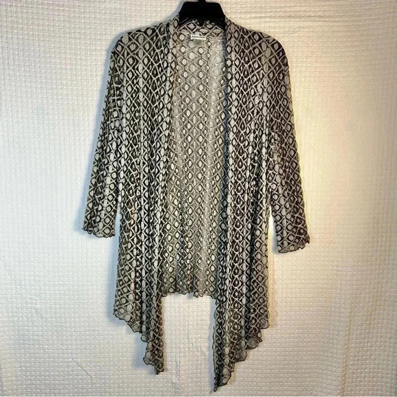 Chicos Size 1 US Medium Drape Shawl Open Weave Cardigan Brown Ivory Geometric - Picture 1 of 8
